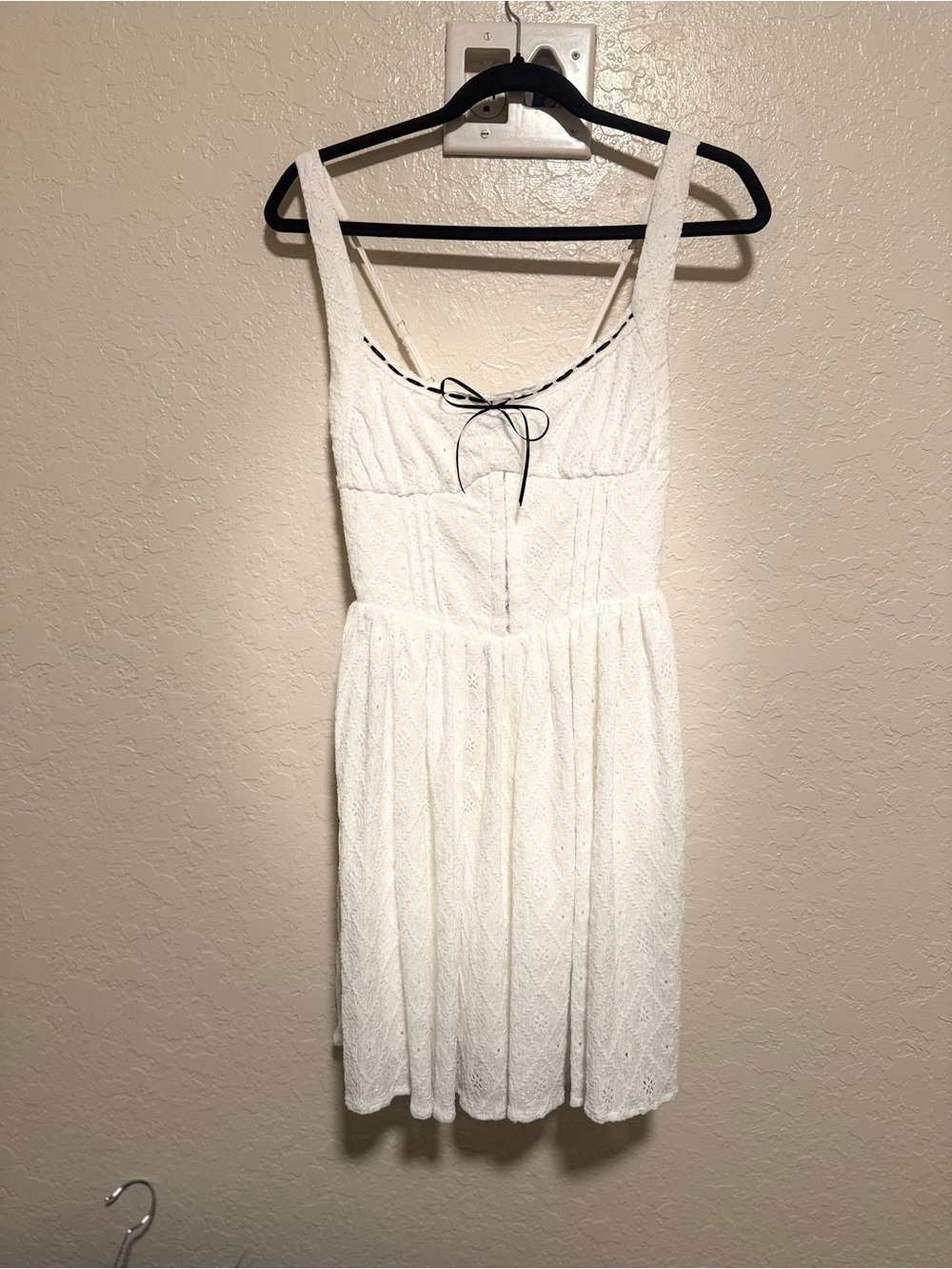 Lush White Lace Mini Dress with Black Trim Bow